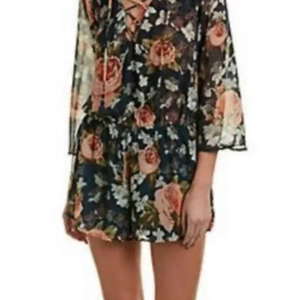 Show Me Your Mumu TILLIE TIE size X- Small Floral Romper Keyhole Back Navy Blue - Picture 2 of 12